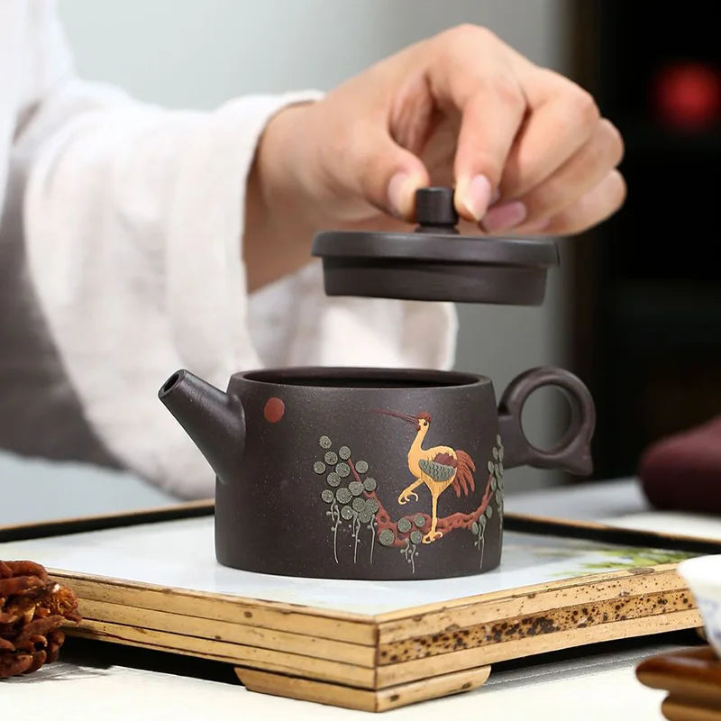 170ML Real Handmade Yixing Black Gold Sand Teapot Clay Kettle Crane Pattern Meaning Health Longevity Puer Kung Fu Tea Pot