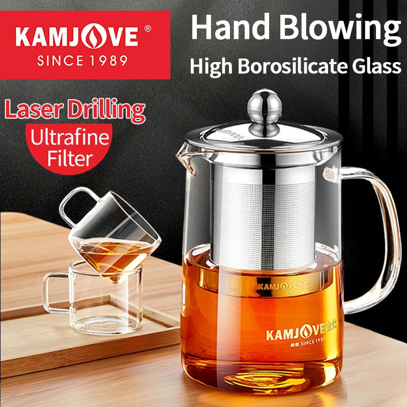 KAMJOVE Classic Glass Tea Pot With Filter Multiple Capacity Options Available 350ml/360ml/450ml/500ml/600ml/800ml/1.2L Teapot