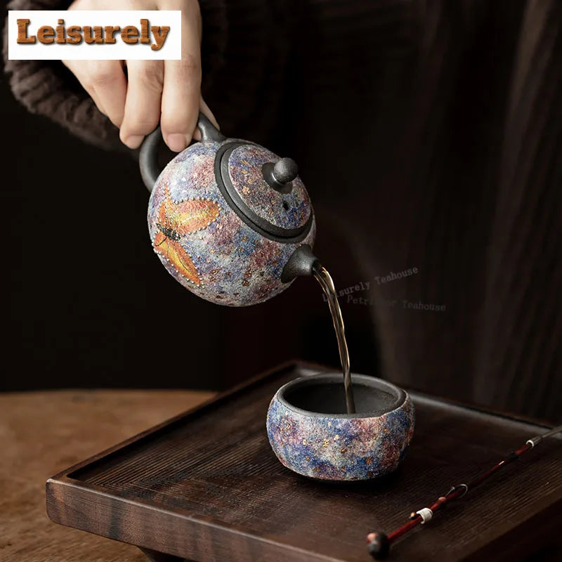 130ML Rock Mineral Point Gold Butterfly Wen Dan Teapot Ancient Tea Infuser Pot Tea Maker Kettle With Filter Drinkware Gift Set