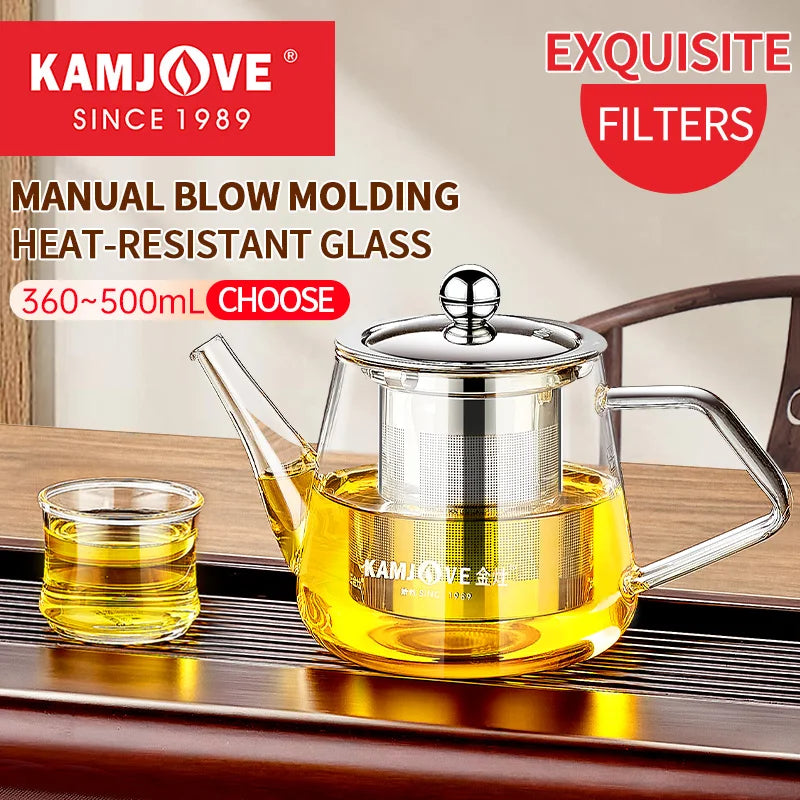 KAMJOVE Classic Glass Tea Pot With Filter Multiple Capacity Options Available 350ml/360ml/450ml/500ml/600ml/800ml/1.2L Teapot